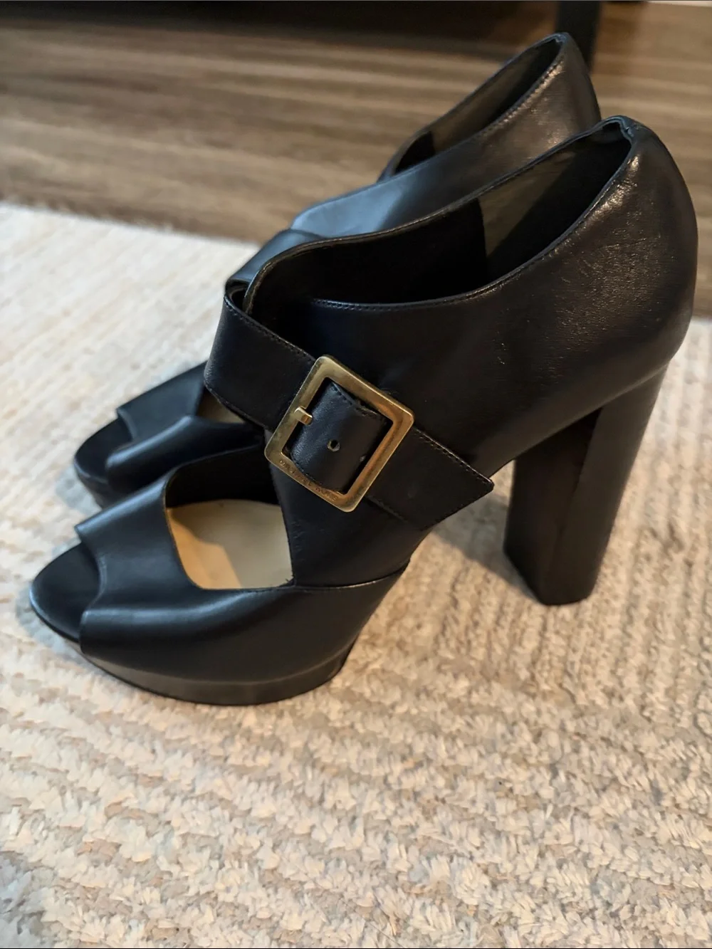 Michael Kors Black Peep-Toe Block Heel with Buckle